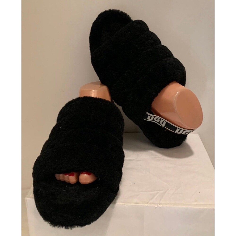 UGG Black Fluffy Slides Slippers Women's Size 10
